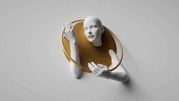 istock 3d render, female mannequin bald head and hands holding golden ring, isolated on white background. Modern minimalist fashion portrait. Jewelry shop showcase 2189068359