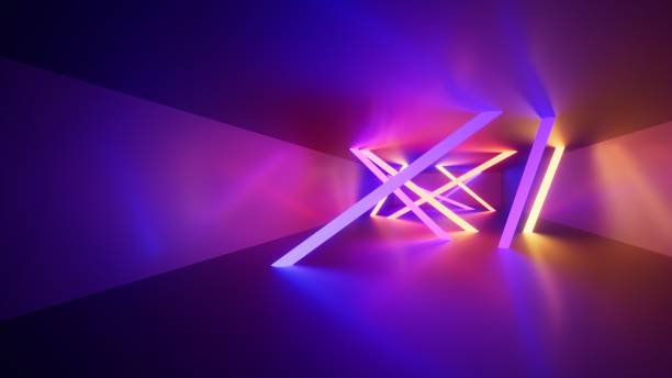 istock 3d render of an empty tunnel with glowing neon chaotic stripes. Vibrant colors. Abstract geometric background. Futuristic wallpaper 2189068537