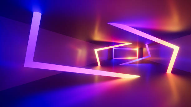 istock Abstract geometric background. Glowing neon lines inside the empty tunnel. Futuristic wallpaper. 3d render of an empty room with glowing lights in purple, blue, and orange hues. Vibrant colors 2189068636