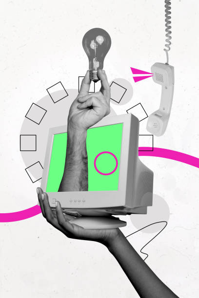 istock Collage image of hand hold modern technology pc screen online work shopping isolated on drawing background 2189075579