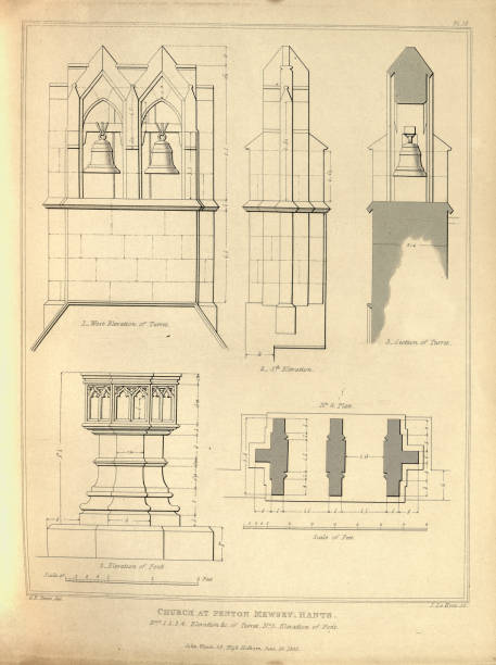 History of ecclesiastical architecture, Elevation of Bell turret, Font, Holy Trinity Church, Penton Mewsey, Hampshire, Vintage illustration 1840s