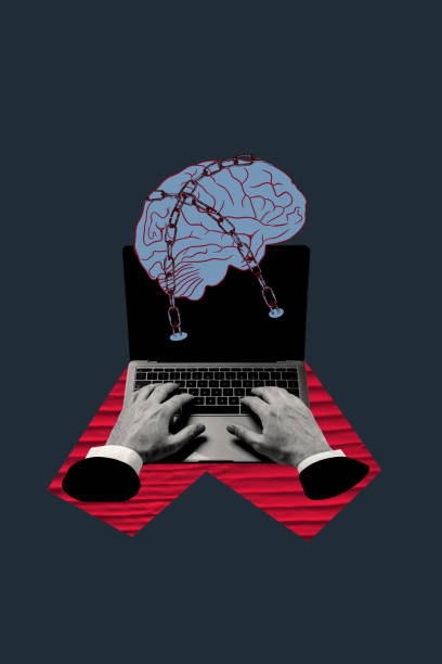 istock Vertical photo collage of hands type laptop device brain trap artificial intelligence app research idea isolated on painted background 2189075739