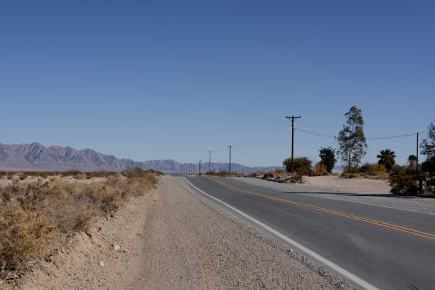 A solitary road stretching endlessly through California’s 29 Palms Wonder Valley, surrounded by arid desert landscapes, clear blue skies, and a serene atmosphere. Perfect for themes of solitude, travel, and nature.