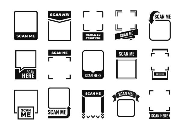 Scan me icon set. Empty frames for scanning QR code on smartphone screen. Scanning QR code in mobile app for payment or identification. Flat vector illustration collection Scan me icon set. Empty frames for scanning QR code on smartphone screen. Scanning QR code in mobile app for payment or identification. Flat vector illustration collection isolated on background bar-code-reader stock illustrations