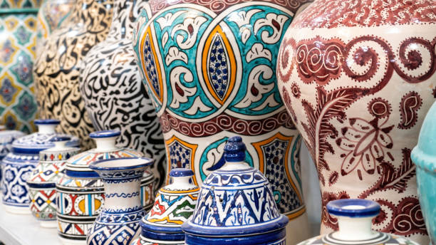 istock Moroccan pottery with colorful ceramics and pottery displayed in a shop 2189082325