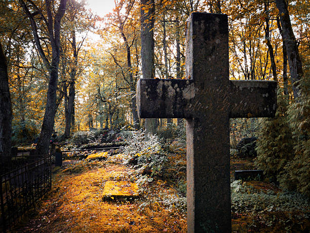 A serene and tranquil autumn cemetery scene showcasing a weathered cross nestled amidst vibrant golden foliage
