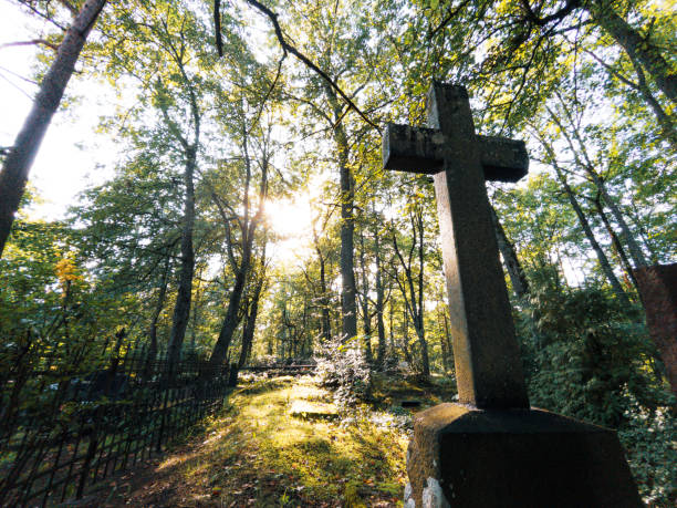 A tranquil scene of a cemetery with a cross, surrounded by lush trees and sunlight filtering through.