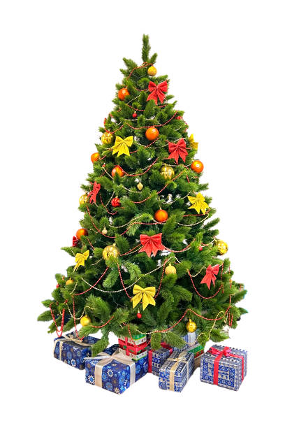 istock Artificial Christmas fir tree with presents isolated on white background. Home interior with decorated Christmas tree and gift boxes under it. 2189084743