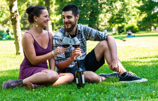 istock Happy couple in park, drinking wine, siting on grass 2189087513