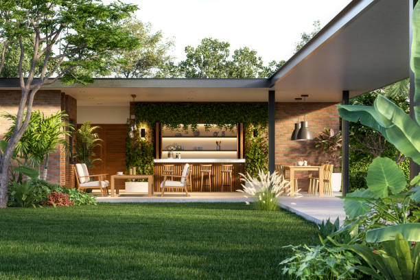 Modern contemporary loft style house with green lawn 3d render