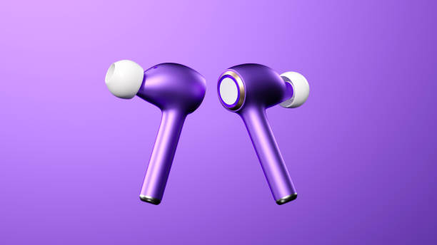 Floating Metallic Purple Wireless Headphones on an Infinite Background, 3D Rendering