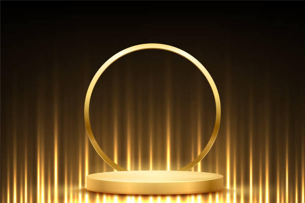 istock Gold award podium with electric round frame. Empty 3d golden stage with glowing light rays on black background. Abstract vector illustration for award ceremony or product presentation 2189097805