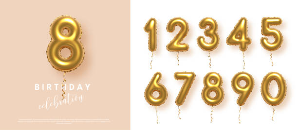 istock Birthday anniversary golden numbers set template with number 8. Celebration birthday vector background. Gold numbers in form of balloons on beige for party invitation, greeting card, poster, event 2189097824