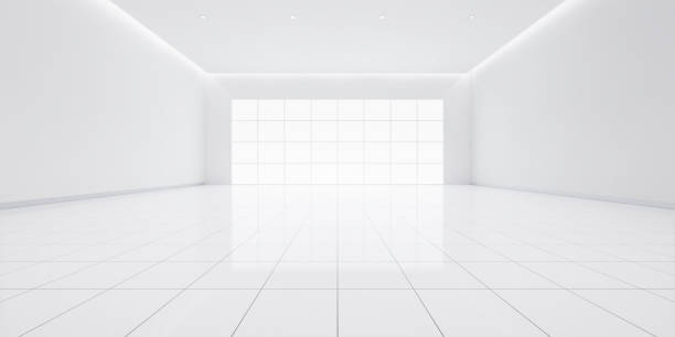 istock 3d rendering of white empty room with tile floor suit for background. 2189101801