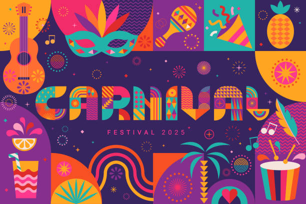 Carnival flyer for festival 2025. Carnival flyer for festival 2025.Banner,invitation for holiday.Party card to carnaval,mardi gras,masquerade, parade with fireworks and symbols of holiday. Template for design flyer, web,poster. Vector mardi gras flyer stock illustrations