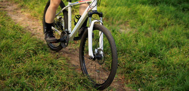istock Woman biker mountain biking on mountain forest trail 2189112179