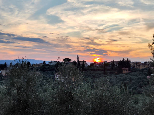 Dusk in Settignano, a village on a hillside northeast of Florence, Italy.