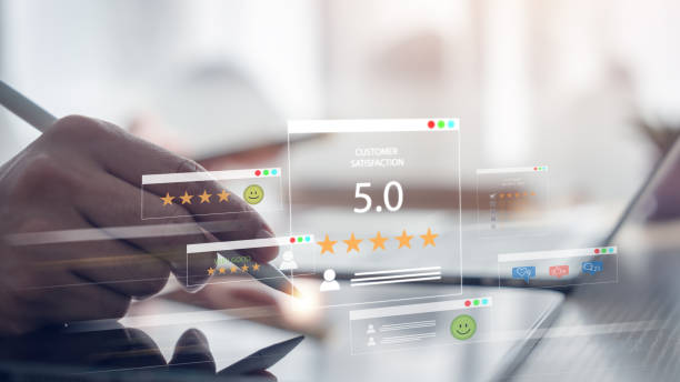 istock Online customer satisfaction survey service concept Consumers give stars Give feedback and review quality feedback. 2189125712