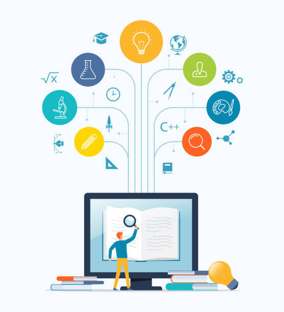 flat vector illustration design technology online learning. education. study. student research and read books on the computer screen with abstract tree icons such as science and mathematical art. This file EPS 10 format. This illustrationcontains a transparency and gradient. medical technology stock illustrations