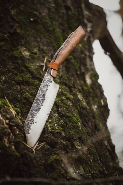 istock Rude handmade knife stuck in a mossy tree trunk, vertical format, selective focus. 2189131836