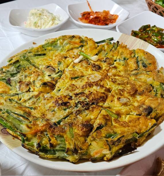 istock Pajeon is a savory Korean pancake made with green onions (pa) in a light batter, often mixed with seafood like squid or shrimp. Crispy on the outside and soft inside, it’s a flavorful snack or side dish, perfect with dipping sauce and enjoyed during rain 2189132721