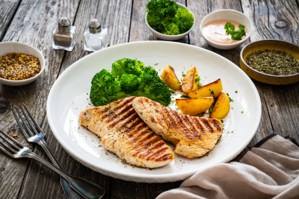 istock Barbecued turkey breast and broccoli on wooden table 2189135102