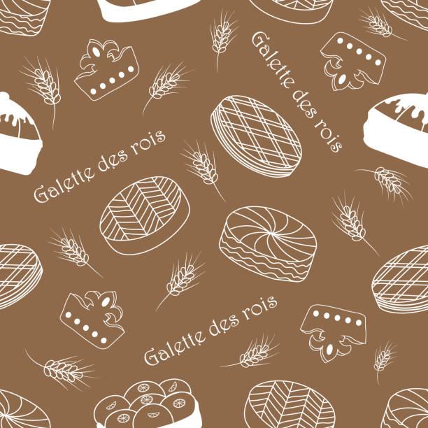 Seamless pattern Galette des Rois larp Seamless pattern Galette des Rois on a warm background with elements of wheat, crowns and traditional pies. In a skate style, with a white outline. Ideal for festive craft packaging, textile design. epiphany stock illustrations