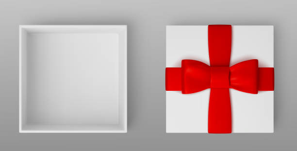 istock 3D mockup of open white gift box with red ribbon 2189137166