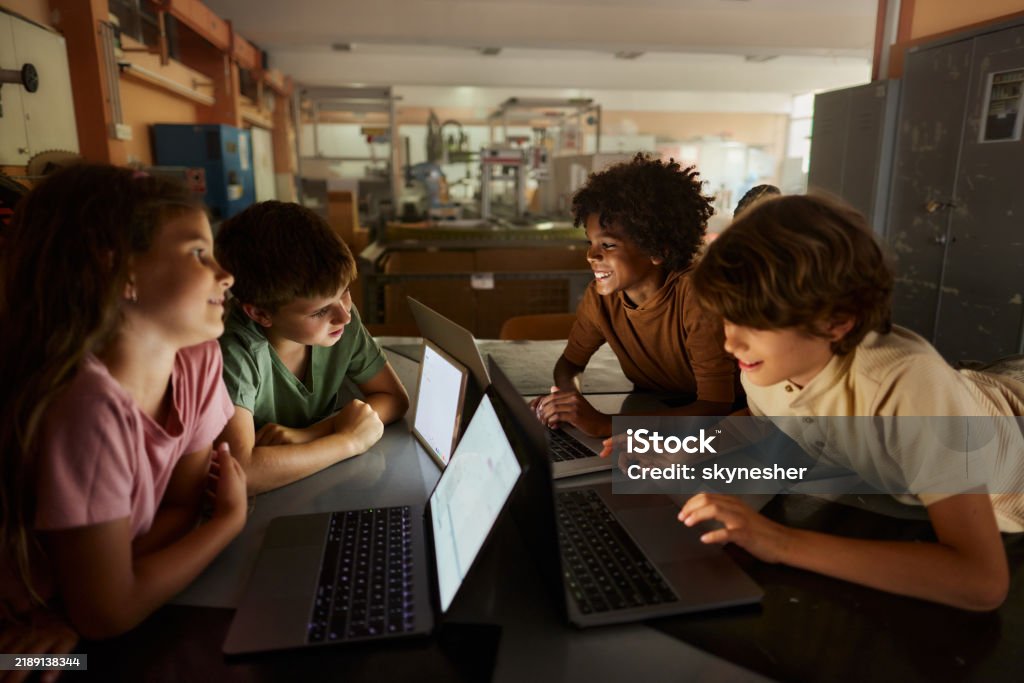 Happy Little Programmers Using Computers A Class In Laboratory Stock ...