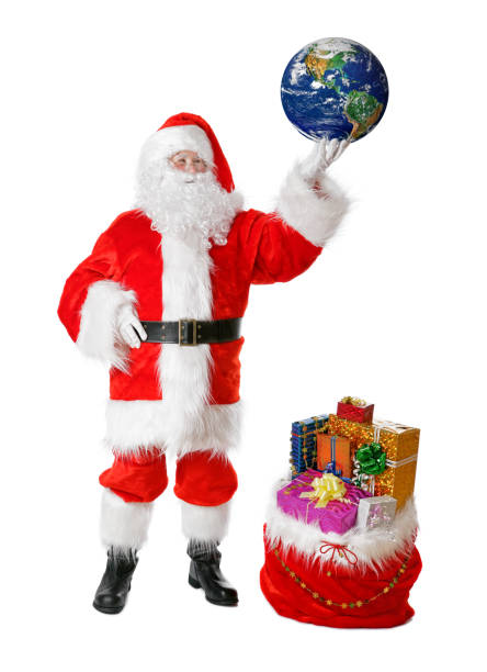 Santa with a sack of Christmas gifts, holding Earth Globe (Western hemisphere). Isolated on a white background.  Earth globe image provided by NASA - https://earthobservatory.nasa.gov/images/885/earth-from-space