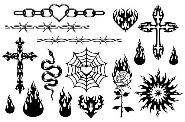 Y2K tribal tattoo set in abstract and gothic art with fire flames, vector stickers. Y2K modern trendy tattoo set of barbed chain with rose flower and Celtic cross or viper snake and heart in spiderweb