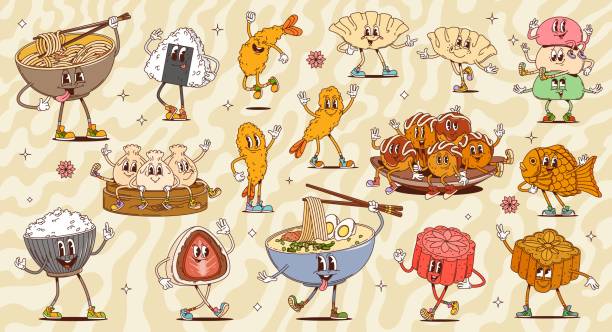 Retro groovy asian cuisine characters of chinese, japanese, korean desserts and food. Cartoon groovy rice and noodle bowls, ramen soup and fish cake vector dishes. Funny octopus balls, shrimp tempura
