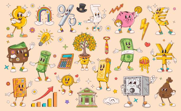 Cartoon retro groovy finance characters and symbols of money and bank. Funny smile hippie cash coins and wallet with dollars vector personages. Happy credit card, piggy bank, safe, vintage money bag
