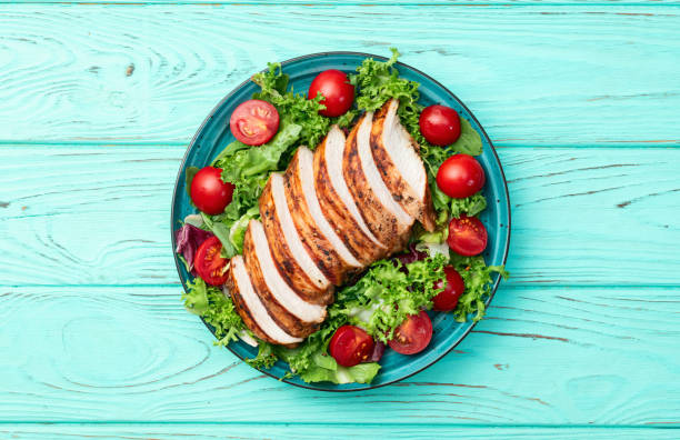 istock Grilled chicken breast ( fillet ) with lattuce salad and cherry tomatoes . Top view 2189147673
