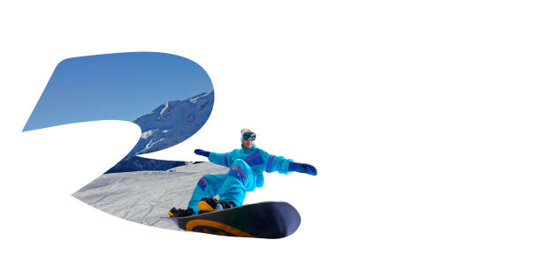 Contemporary art collage. Adventurous snowboarder in mid-jump during exhilarating downhill run, showcasing excitement and energy of extreme winter sports. Concept of tourism, winter sport, recreation.