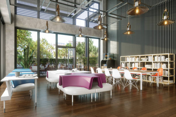 istock Modern Cafe Interior With Tables, Chairs And Creative Spaces 2189150824