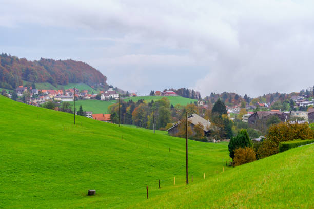 View of countryside landscape, of fields and villages, in northeast Switzerland