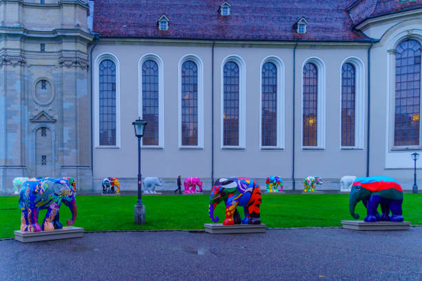 St. Gallen, Switzerland - October 19, 2024: View of the monastery square and the Elephant parade display, in St. Gallen, Switzerland