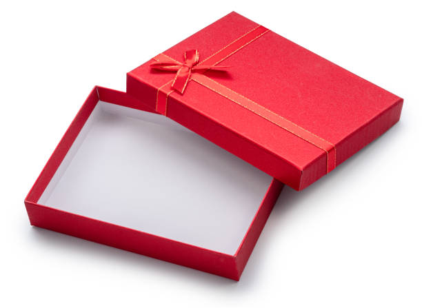 istock Open red low gift box and lid with satin bow, top view, isolated on white background. File contains clipping path. 2189151642