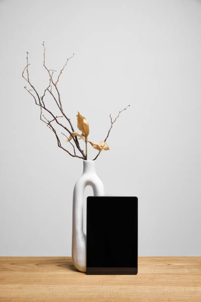 Minimalistic setup with tablet placed in front of sculptural vase holding dried branches on wooden table, clean background.