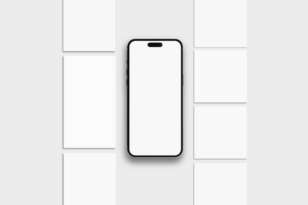 istock Smartphone mockup with social media post and stories interface mockup. Social media mobile app page template design for user carousel post feed. Minimal design interface template of social network 2189153895