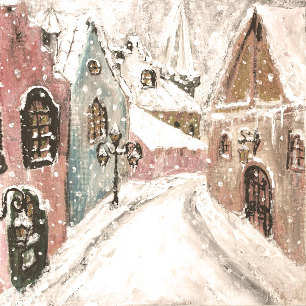 istock Winter medieval town street retro style Christmas original painting 2189154123