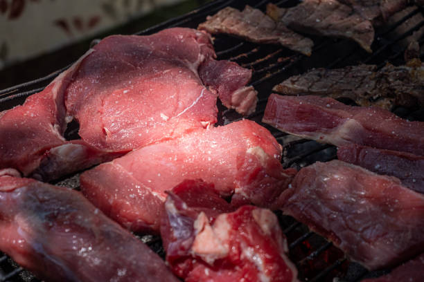 istock high quality beef chunks being prepared on a barbecue grill, meat from Barroso. Montalegre. Portugal 2189156157