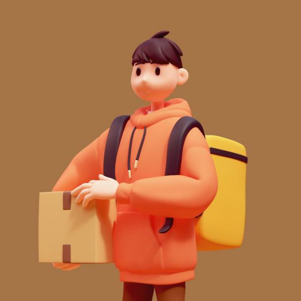 istock 3d render portrait of young delivery guy with thermal yellow backpack. 2189157008