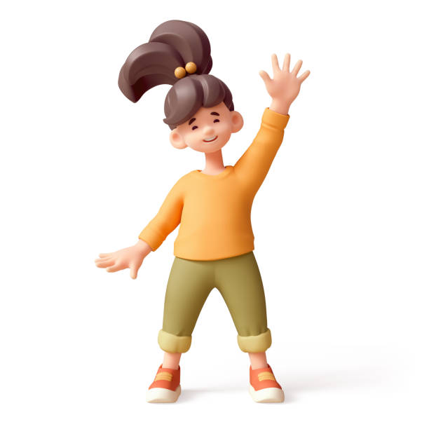 3d render cheerful smiling child girl waves one hand in greeting, hi gesture.