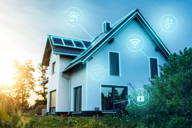 istock Modern smart home exterior with glowing technology icons 2189158409