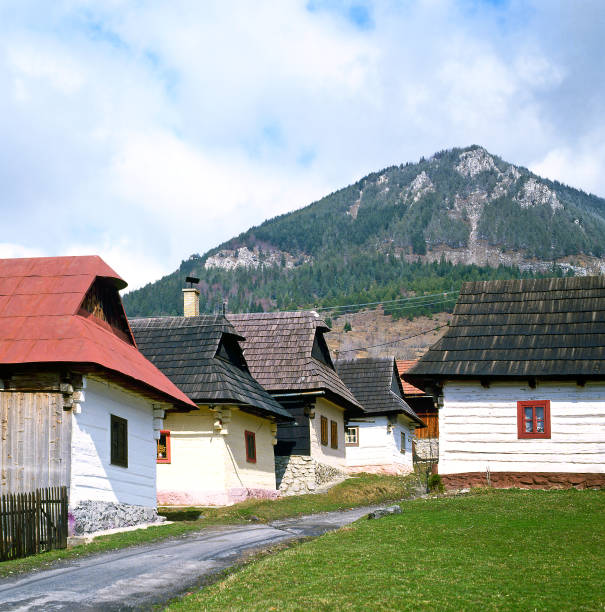 Main Street of old wood village Vlkolinec, Slovakia, UNESCO World Heritage Site - traditional wooden folk architecture