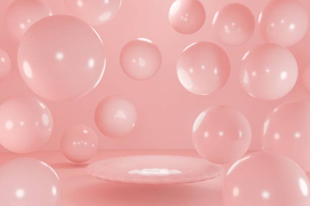 istock 3d floating pink platform podium with curled edges and floating pink balloons. 2189159724