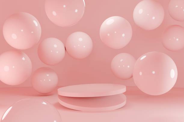 istock 3D Pastel Pink  product mockup display advertising background. 3d floating platform podium with pink balloons. Pink latte color theme interior studio with to floating cylindrical platforms. 2189159727