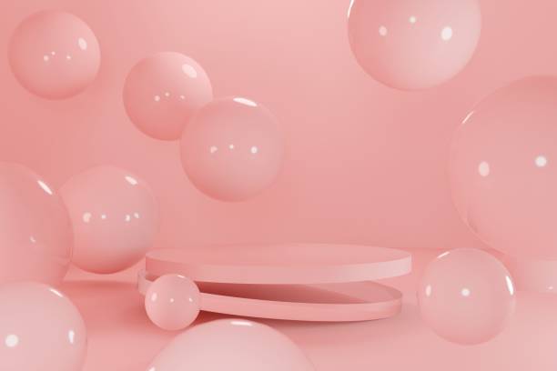 istock Cute 3D Pink product display advertising template. Pink latte color theme interior background. 3d floating platform podium with pink balloons. Pink mockup for product showcase. 2189159730